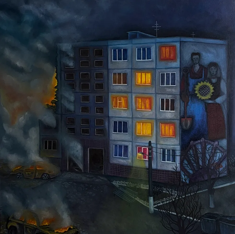 Image of War through the eyes of eyewitnesses by Stanislava Romanova, size: 100x100 cm, made of oil + canvas, Painting medium, from Odesa, Ukraine, priced at $1000 (≈ 45,239 грн)